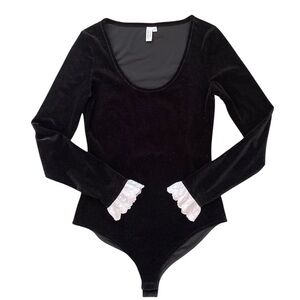 & Other Stories Velvet Bodysuit in Black Long Sleeves with White Lace Detailing